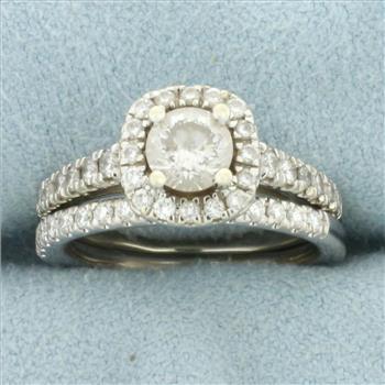 Diamond Halo Engagement and Wedding Band Ring Bridal Set in 14k White Gold
