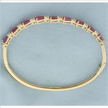 Ruby and Diamond Hinged Bangle Bracelet in 14k Yellow Gold
