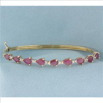 Ruby and Diamond Hinged Bangle Bracelet in 14k Yellow Gold