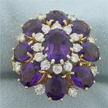 14ct Amethyst and Diamond Flower Statement Ring in 18k Yellow Gold