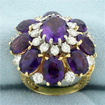 14ct Amethyst and Diamond Flower Statement Ring in 18k Yellow Gold