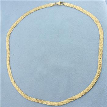 16 Inch Braided Herringbone Link Choker Necklace in 14k Yellow Gold