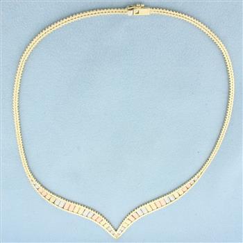 16 Inch Italian Tri-Color Gold V Choker Necklace in 14k Yellow, White, and Rose Gold