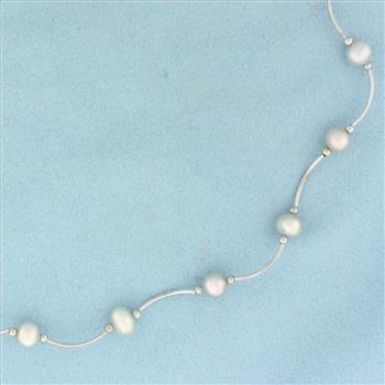 16 Inch Silver Pearl Station Choker Necklace in 14k White Gold