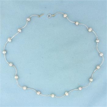 16 Inch Silver Pearl Station Choker Necklace in 14k White Gold