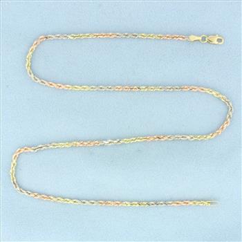 16 Inch Tri-Color Rope Link Chain Necklace in 14k Yellow, Rose, and White Gold