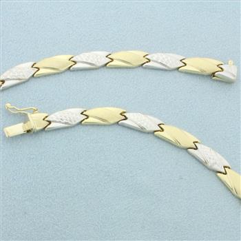 17 Inch Two Tone Diamond Cut Designer Link Necklace in 14k Yellow and White Gold