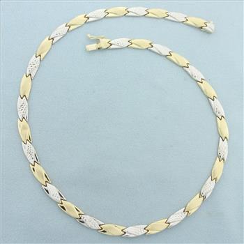 17 Inch Two Tone Diamond Cut Designer Link Necklace in 14k Yellow and White Gold