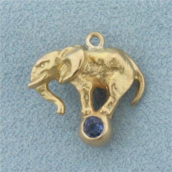 3D Sapphire Elephant Charm in 14k Yellow Gold