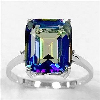 4CT Emerald Cut Ocean Mystic Topaz and Diamond Ring in Platinum over Sterling Silver
