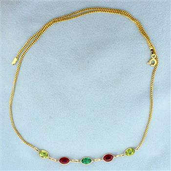 5ct TW Lab Emerald, Lab Ruby, and Peridot Necklace in 14K Yellow Gold