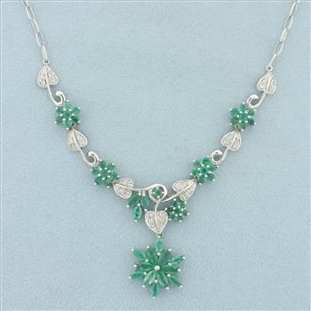 6ct Emerald and Diamond Flower Design Necklace in 14k White Gold