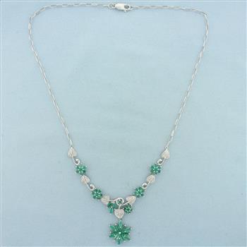 6ct Emerald and Diamond Flower Design Necklace in 14k White Gold