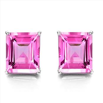 6x8 Emerald Cut Lab Pink Sapphire Earrings in Sterling Silver