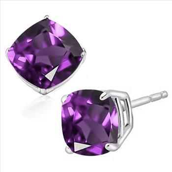 8MM Cushion Cut Amethyst 4CTW Stud Earrings in Sterling Silver
