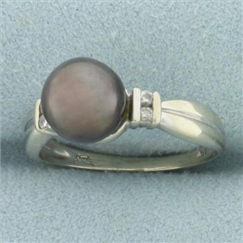 8MM Tahitian Pearl and Diamond Ring in 14k White Gold