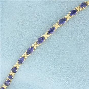 AAA Tanzanite Flower Design Line Bracelet in 14K Yellow Gold