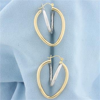 Abstract Heart Hoop Earrings in 14k White and Yellow Gold