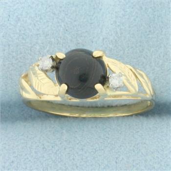 Agate and Diamond Leaf Design Ring in 14k Yellow Gold