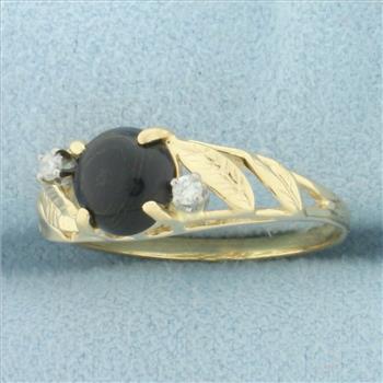 Agate and Diamond Leaf Design Ring in 14k Yellow Gold