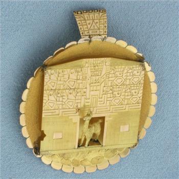 Alpaca Llama Incan Empire Temple Pendant Pin in 18k Yellow Gold
