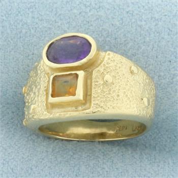 Amethyst and Citrine Pinky Ring in 14k Yellow Gold