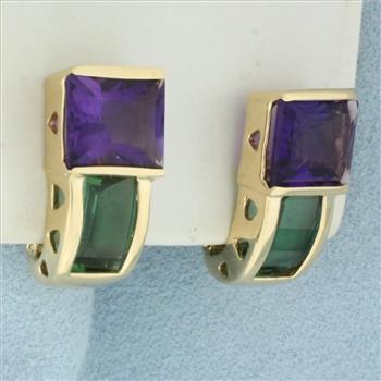 Amethyst and Green Tourmaline Earrings in 14k Yellow Gold