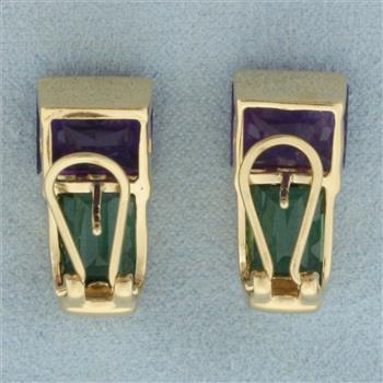 Amethyst and Green Tourmaline Earrings in 14k Yellow Gold