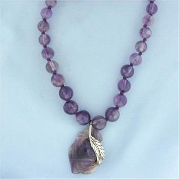 Amethyst Bead Feather Necklace in .925 Sterling Silver