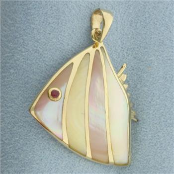 Angelfish Pendant with Mother of Pearl Inlay and Ruby Eye in 14k Yellow Gold