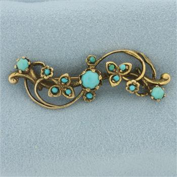 Anique Turquoise Flower and Vines Design Pin Brooch in 14k Yellow Gold