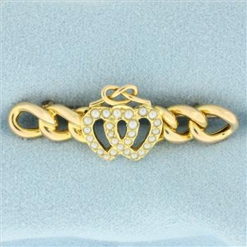 Antique 1894 Victorian Double Heart Seed Pearl Pin Brooch in 15k Yellow Gold
