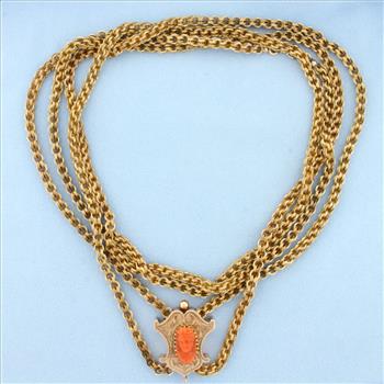 Antique 64 Inch Cable Link Necklace with Pink Coral Cameo Pendant in 12k Yellow Gold
