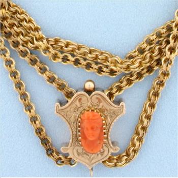 Antique 64 Inch Cable Link Necklace with Pink Coral Cameo Pendant in 12k Yellow Gold