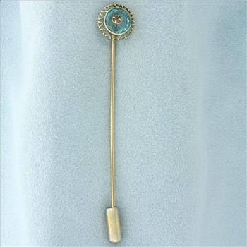 Antique Aquamarine and Diamond Stick Pin in 14k Yellow Gold