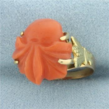 Antique Carved Red Coral Pinky Ring in 10k Rose Gold