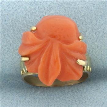Antique Carved Red Coral Pinky Ring in 10k Rose Gold