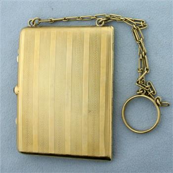 Antique Chatelaine Makeup Case with Chain in Solid 14K Yellow Gold