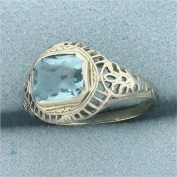 Antique Filigree Art Deco Aquamarine Ring in 14k White Gold