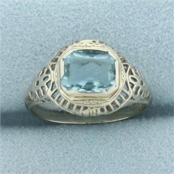 Antique Filigree Art Deco Aquamarine Ring in 14k White Gold