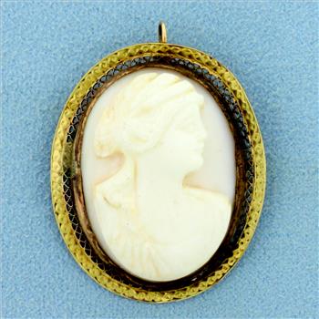 Antique Hand Carved Shell Cameo Pendant or Pin in 10K Yellow Gold