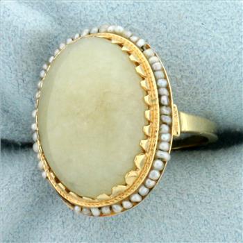 Antique Jade and Rotating Seed Pearl Ring in 14k Yellow Gold