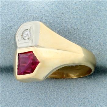 Antique Natural Ruby and Old European Cut Diamond Ring in 14K Yellow Gold