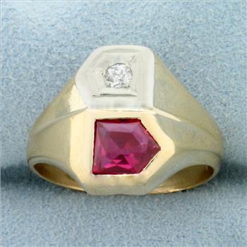 Antique Natural Ruby and Old European Cut Diamond Ring in 14K Yellow Gold