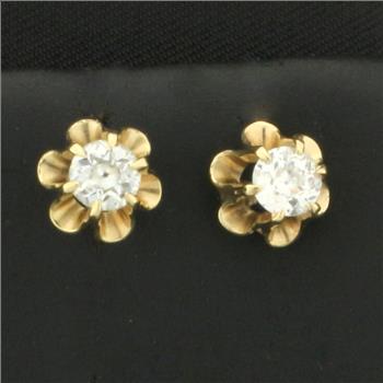 Antique Old European Cut Buttercup Stud Earrings in 14k Yellow Gold
