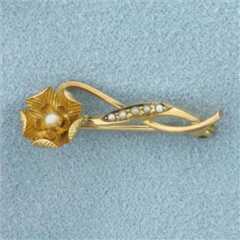 Antique Pearl Flower Brooch Pin in 14k Yellow Gold