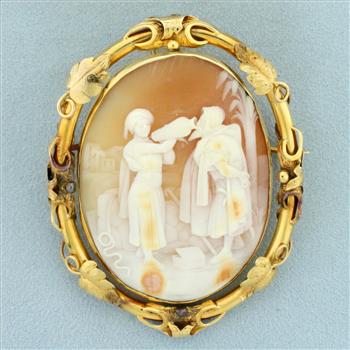 Antique Rotating Bible Scene Cameo Pin Brooch in 14k Yellow Gold
