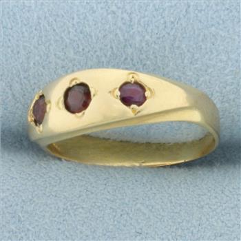 Antique Ruby Gypsy Set Three Stone Ring in 18k Yellow Gold
