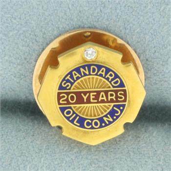 Antique Standard Oil Co. N.J. 20 Years Enamel Diamond Pin in 14k Yellow Gold