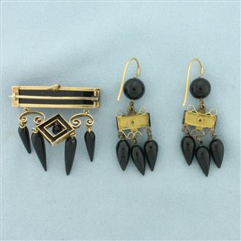 Antique Victorian Black Onyx Earrings and Brooch/Pendant Set in 14k Yellow Gold